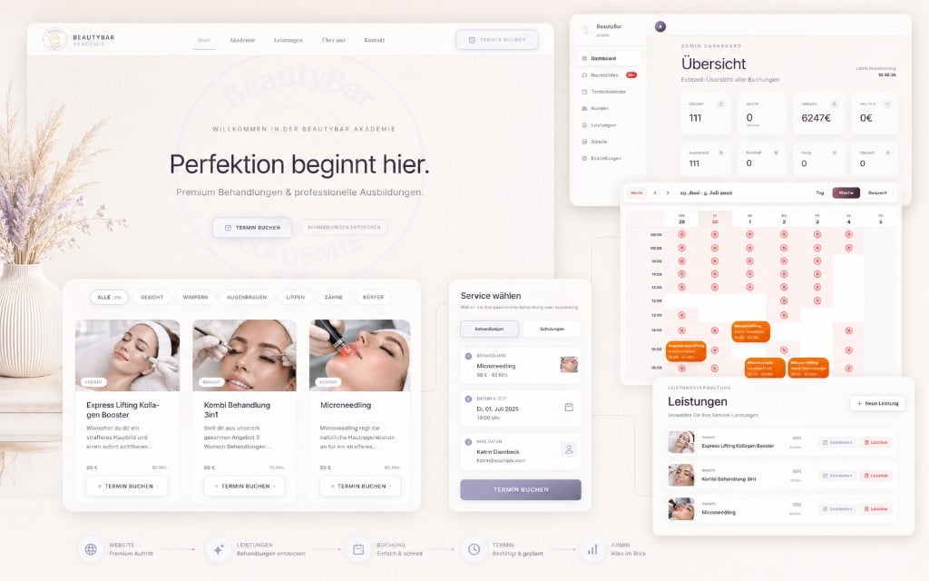 BeautyBar Akademie – Premium Buchungssystem mit Admin-Dashboard für Behandlungen und Schulungen.