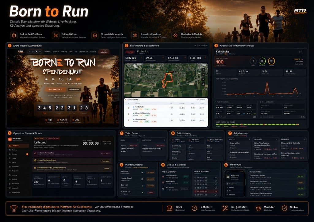 Born to Run – Digitale Event-Plattform mit Live-Tracking, KI-Analyse und operativer Steuerung für Großevents.