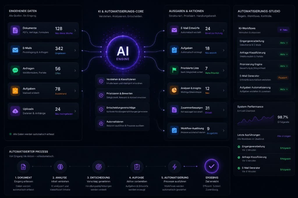 KI & Automatisierung — KI-Core mit Eingangsquellen und Automatisierungs-Studio